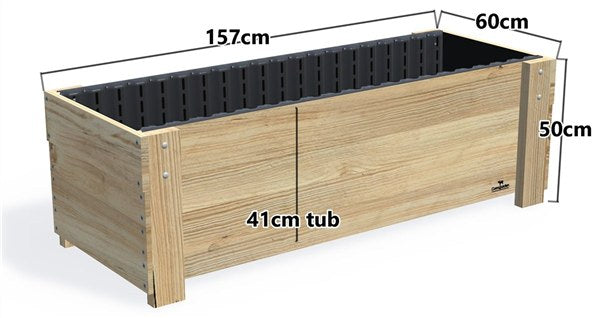 LARGE timber planter box with 41 cm deep tub (RGBL-5041), dimensions labelled — the recommended depth for hedge and screening plants