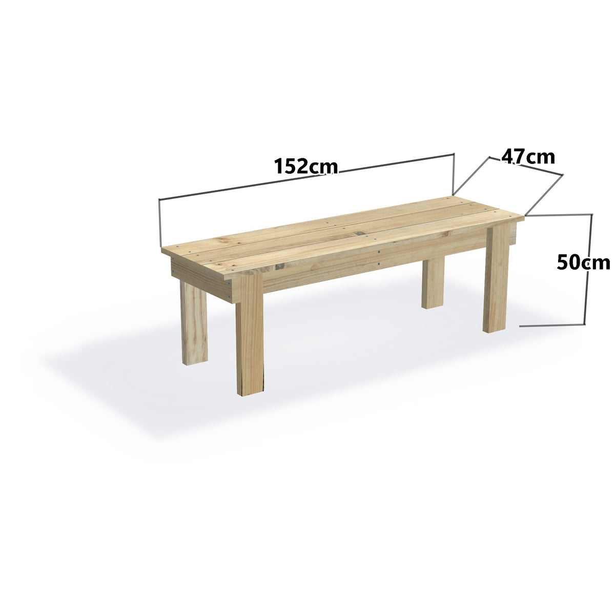 Solid Timber Bench Seat – Outdoor / Garden, 152x47cm (5ft) — timber bench seat, dimensions labelled