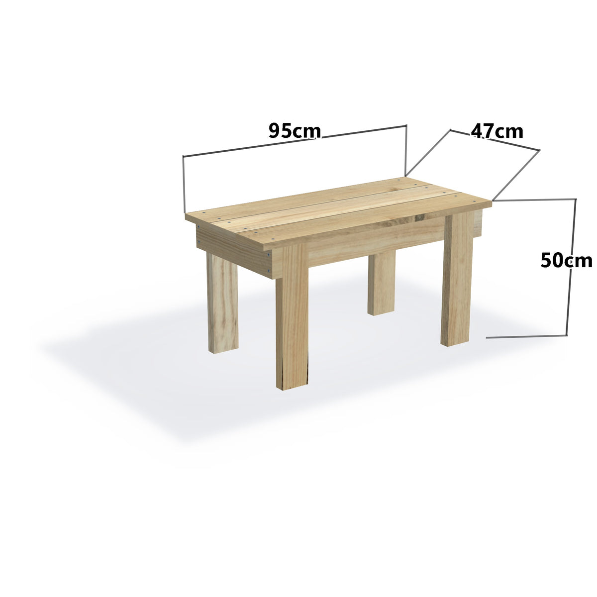 Solid Timber Bench Seat – Outdoor / Garden, 95x47cm — timber bench seat, dimensions labelled