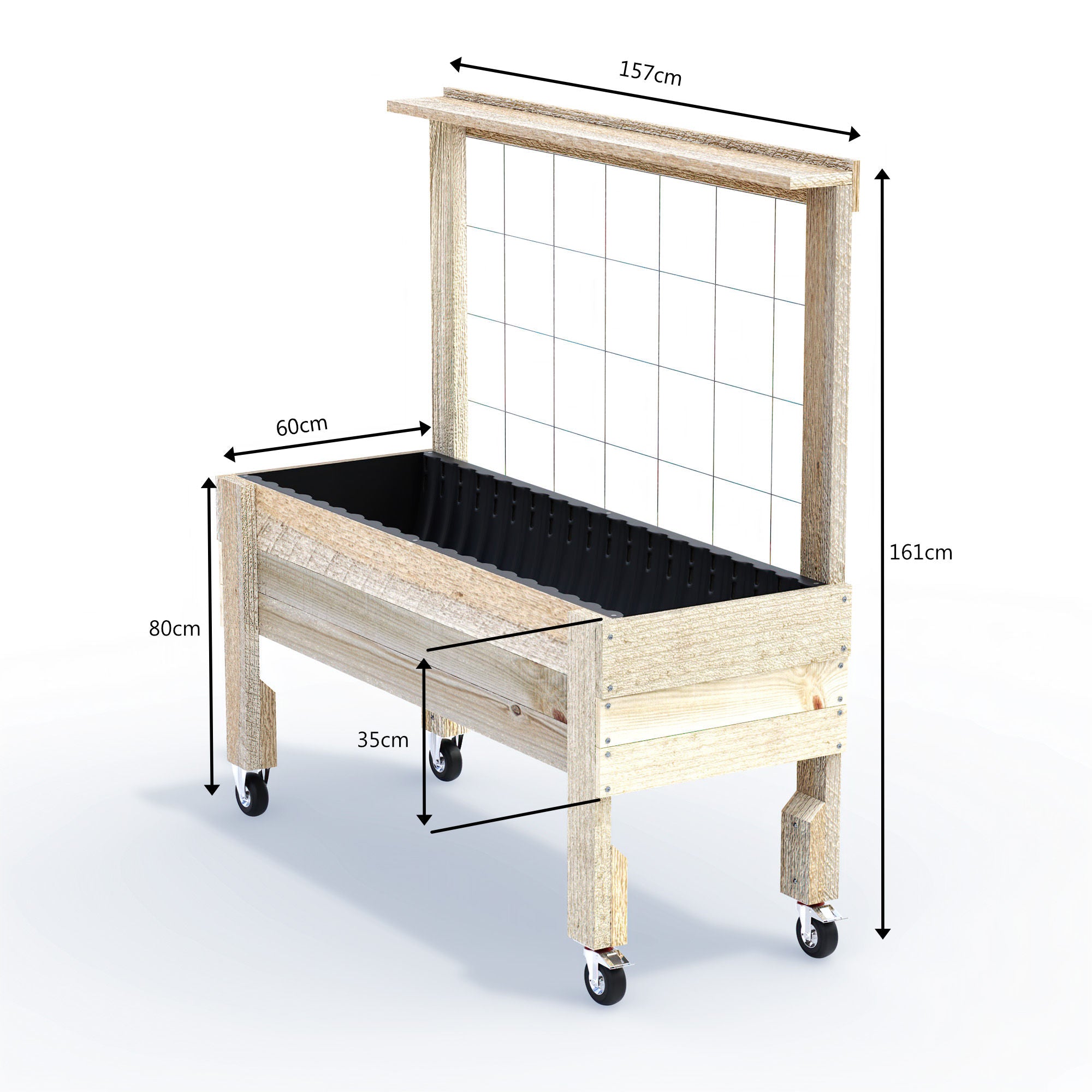 LARGE Raised Garden Bed with Trellis, Pot Shelf & Wheels Kit - Timber 157x60x80cm(h)