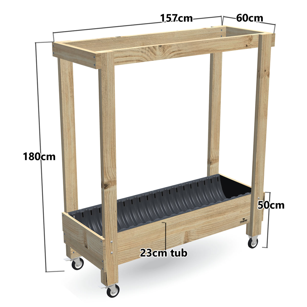 Large Planter Box with Grow Frame on Wheels - 50cm high, 23cm tub - 157 x 60 x 180cm, dimensions labelled