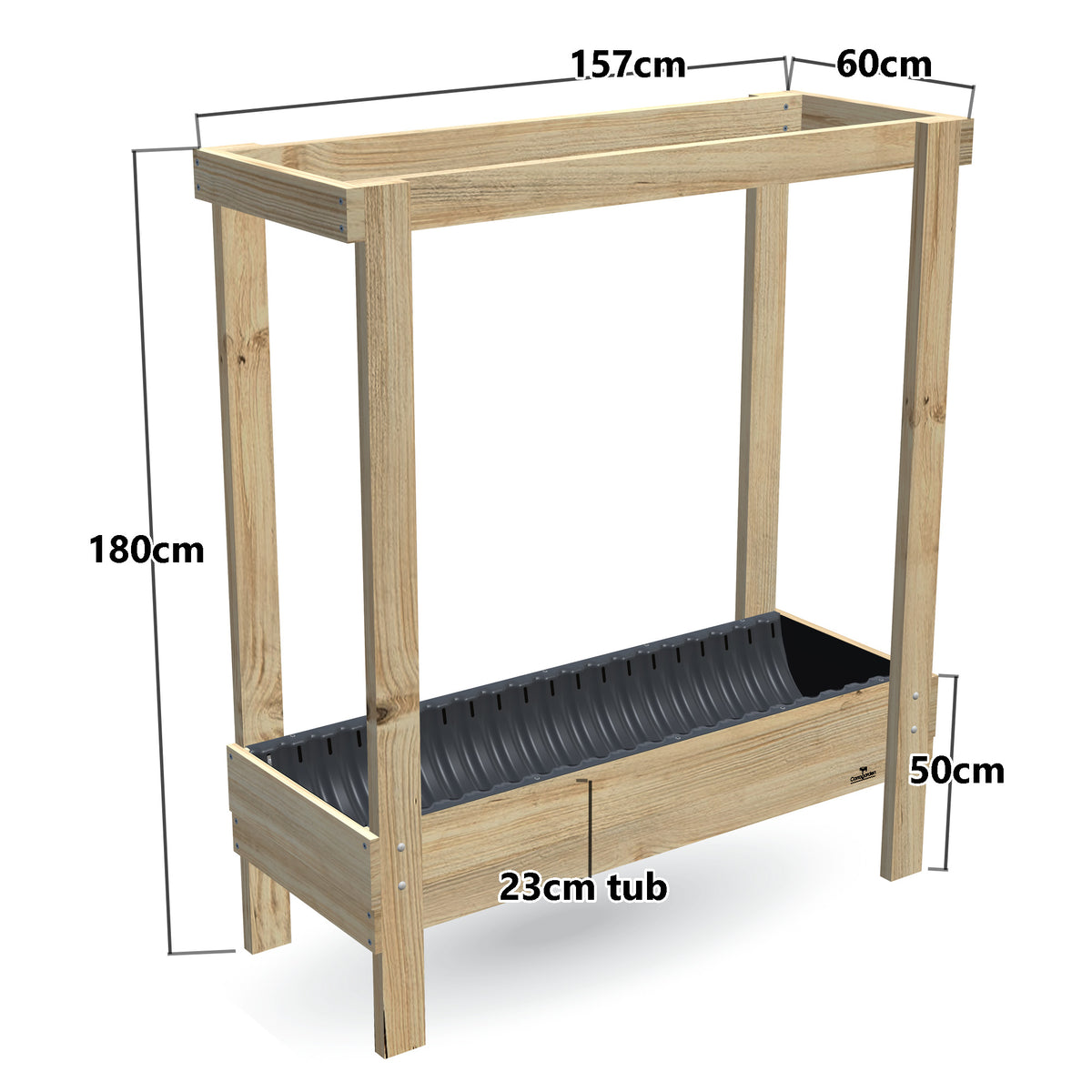Large Planter Box with Grow Frame - 50cm high, 23cm tub - 157 x 60 x 180cm, dimensions labelled