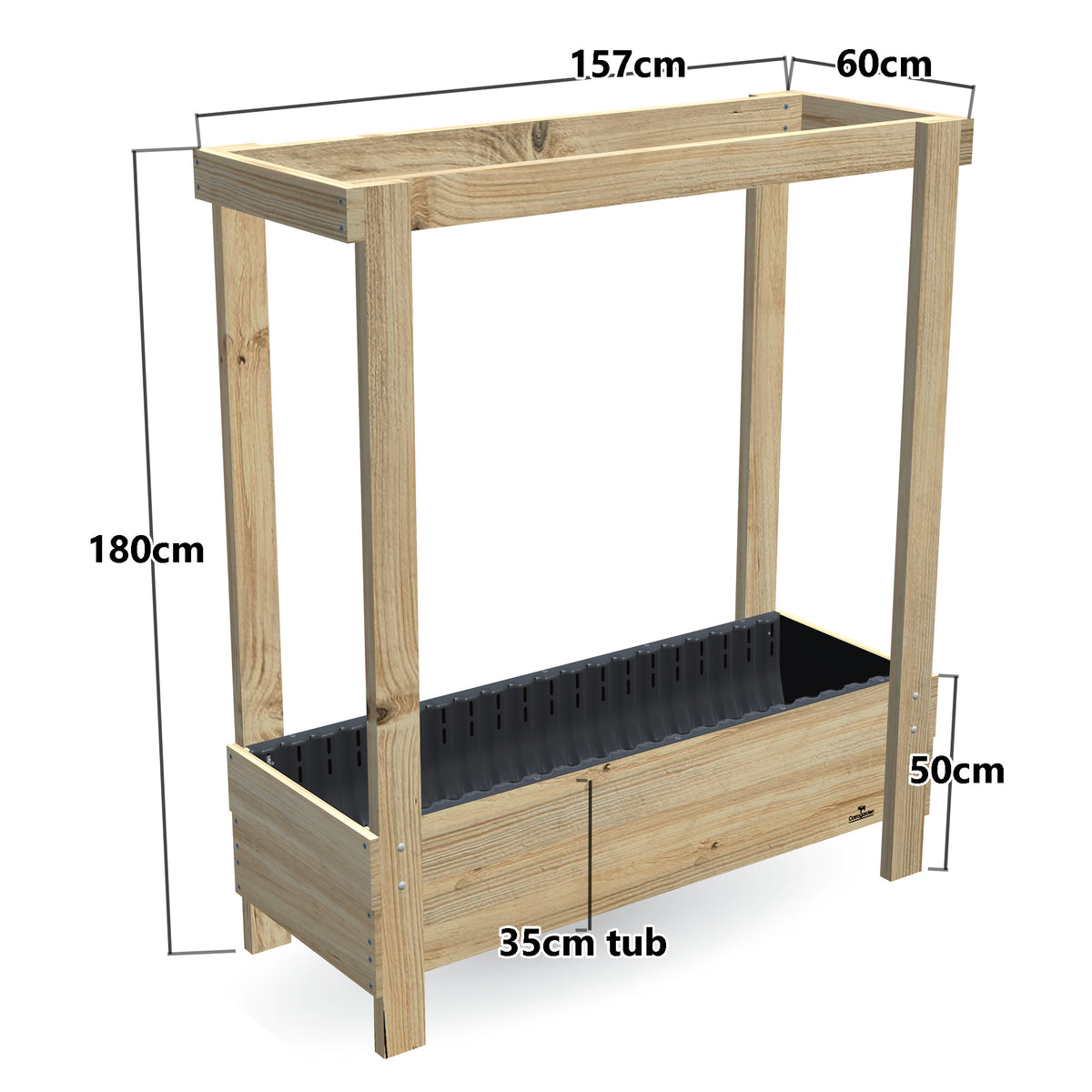 Large Planter Box with Grow Frame - 50cm high, 35cm tub - 157 x 60 x 180cm, dimensions labelled