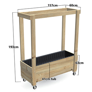 Large Planter Box with Grow Frame on Wheels - 50cm high, 41cm tub - 157 x 60 x 180cm, dimensions labelled