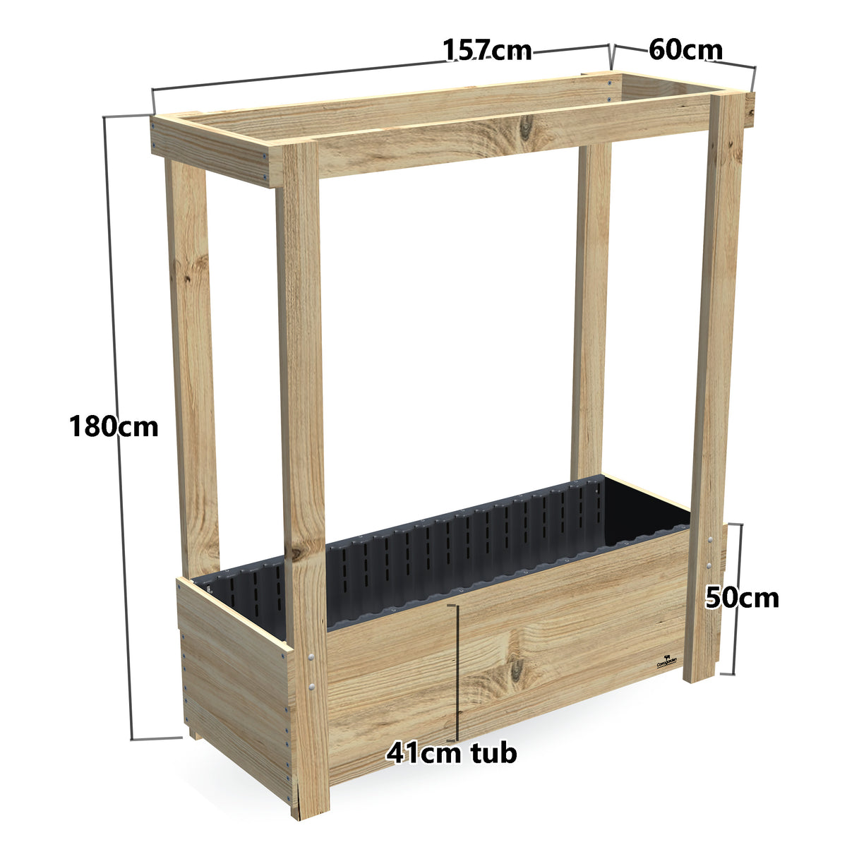 Large Planter Box with Grow Frame - 50cm high, 41cm tub - 157 x 60 x 180cm, dimensions labelled