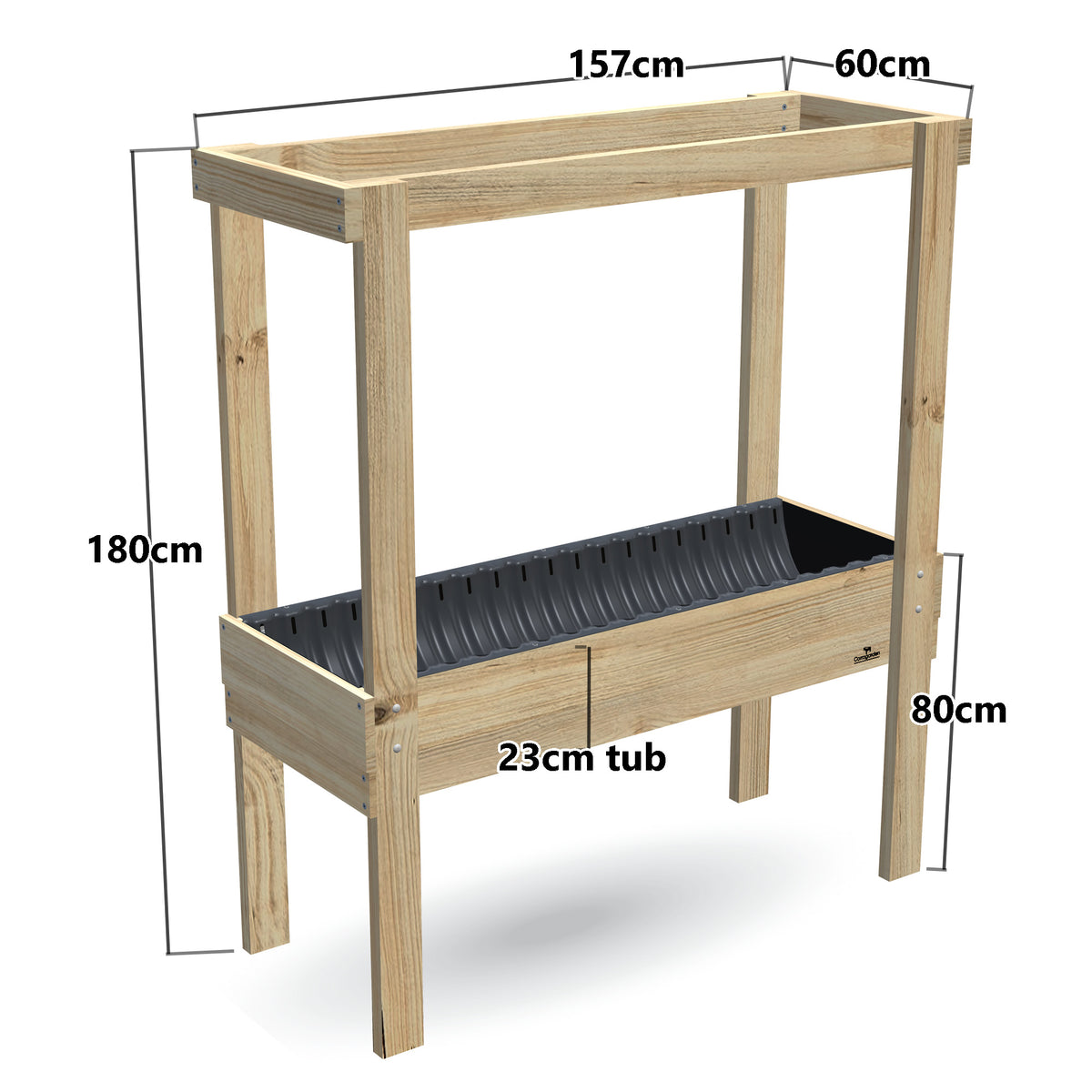 Large Raised Garden Bed with Grow Frame - 80cm high, 23cm tub - 157 x 60 x 180cm, dimensions labelled