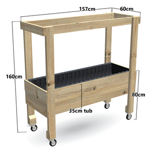 Large Raised Garden Bed with Grow Frame on Wheels - 80cm high, 35cm tub - 157 x 60 x 160cm, dimensions labelled