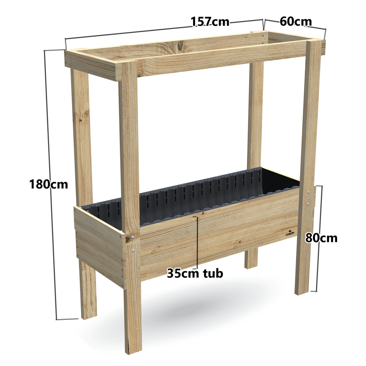 Large Raised Garden Bed with Grow Frame - 80cm high, 35cm tub - 157 x 60 x 180cm, dimensions labelled
