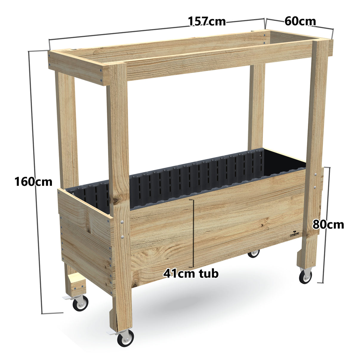 Large Raised Garden Bed with Grow Frame on Wheels - 80cm high, 41cm tub - 157 x 60 x 160cm, dimensions labelled