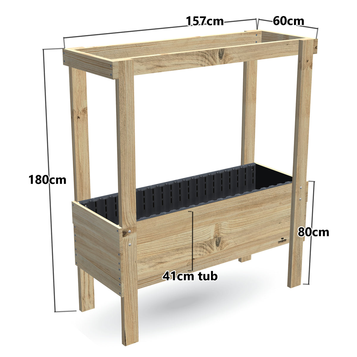 Large Raised Garden Bed with Grow Frame - 80cm high, 41cm tub - 157 x 60 x 180cm, dimensions labelled