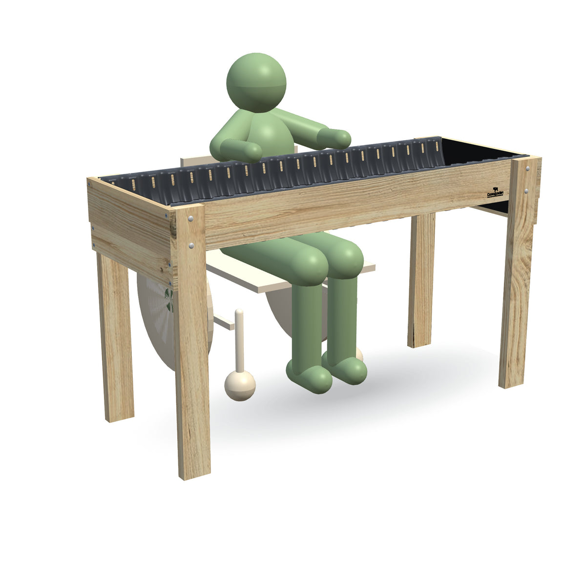 Wheelchair Accessible Raised Garden Bed with a person in a wheelchair rolled right up to it, forearms on the top board