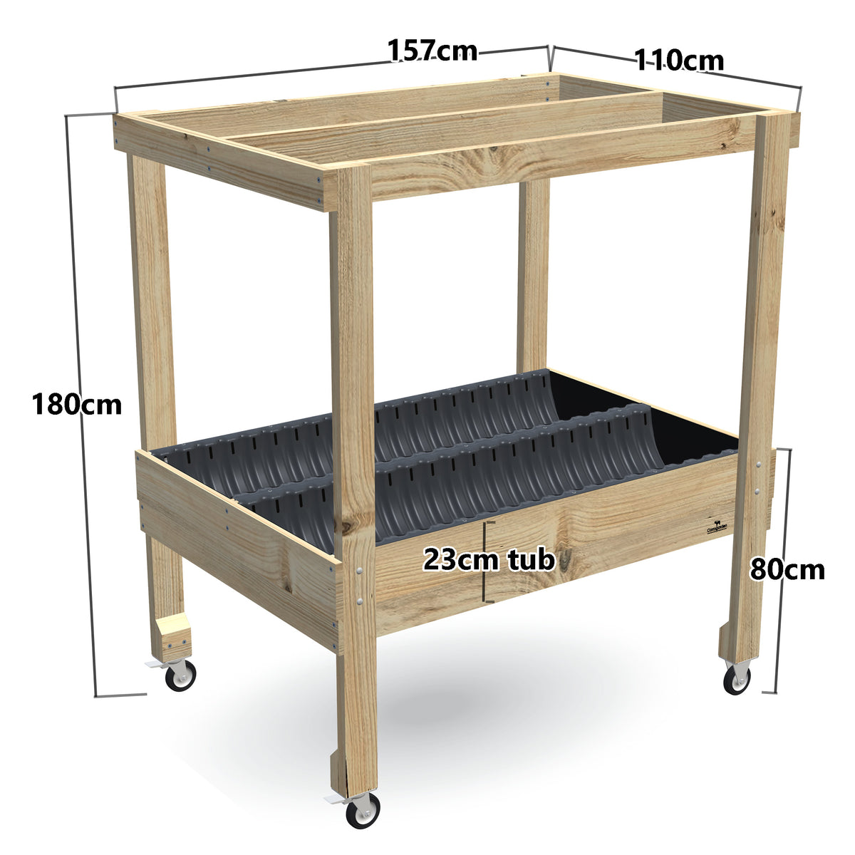 Wide Raised Garden Bed with Grow Frame on Wheels - 80cm high, 23cm tub - 157 x 110 x 180cm, dimensions labelled