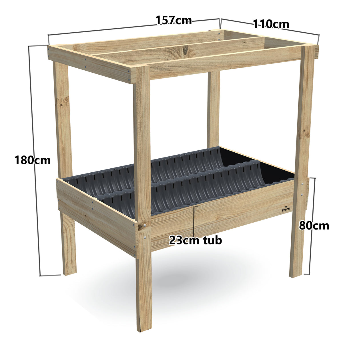 Wide Raised Garden Bed with Grow Frame - 80cm high, 23cm tub - 157 x 110 x 180cm, dimensions labelled