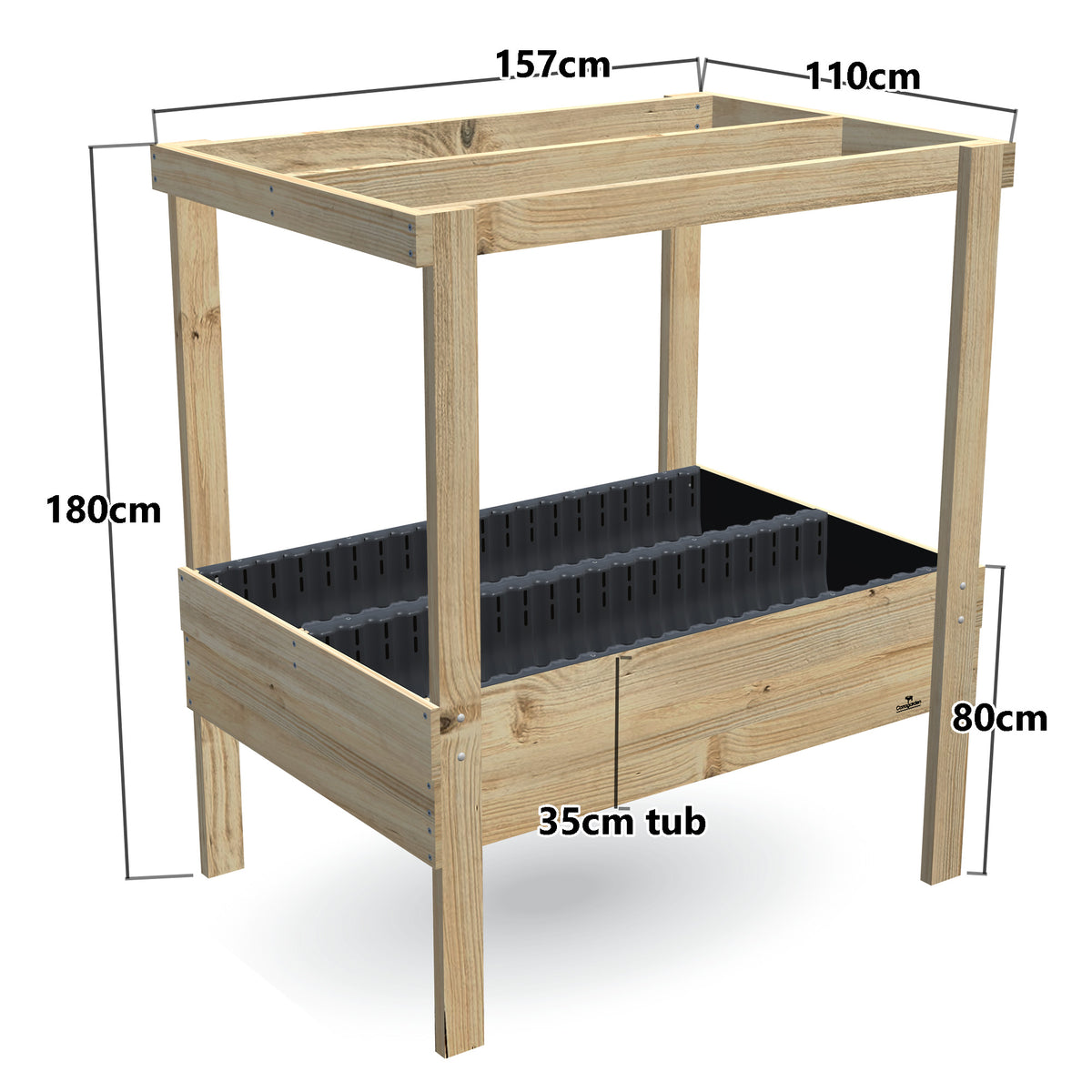 Wide Raised Garden Bed with Grow Frame - 80cm high, 35cm tub - 157 x 110 x 180cm, dimensions labelled