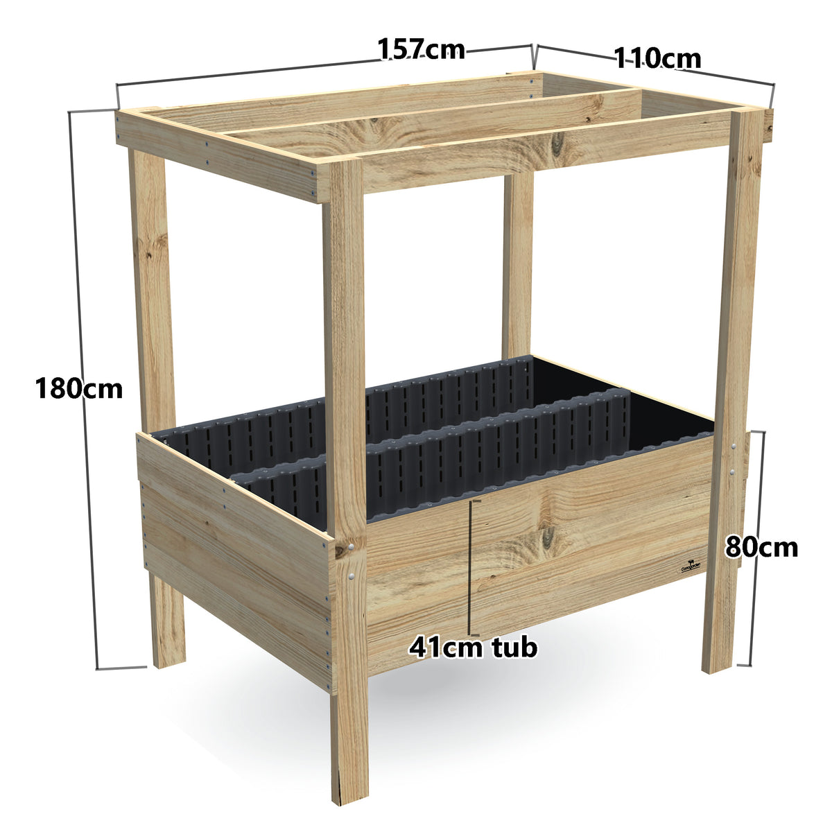 Wide Raised Garden Bed with Grow Frame - 80cm high, 41cm tub - 157 x 110 x 180cm, dimensions labelled