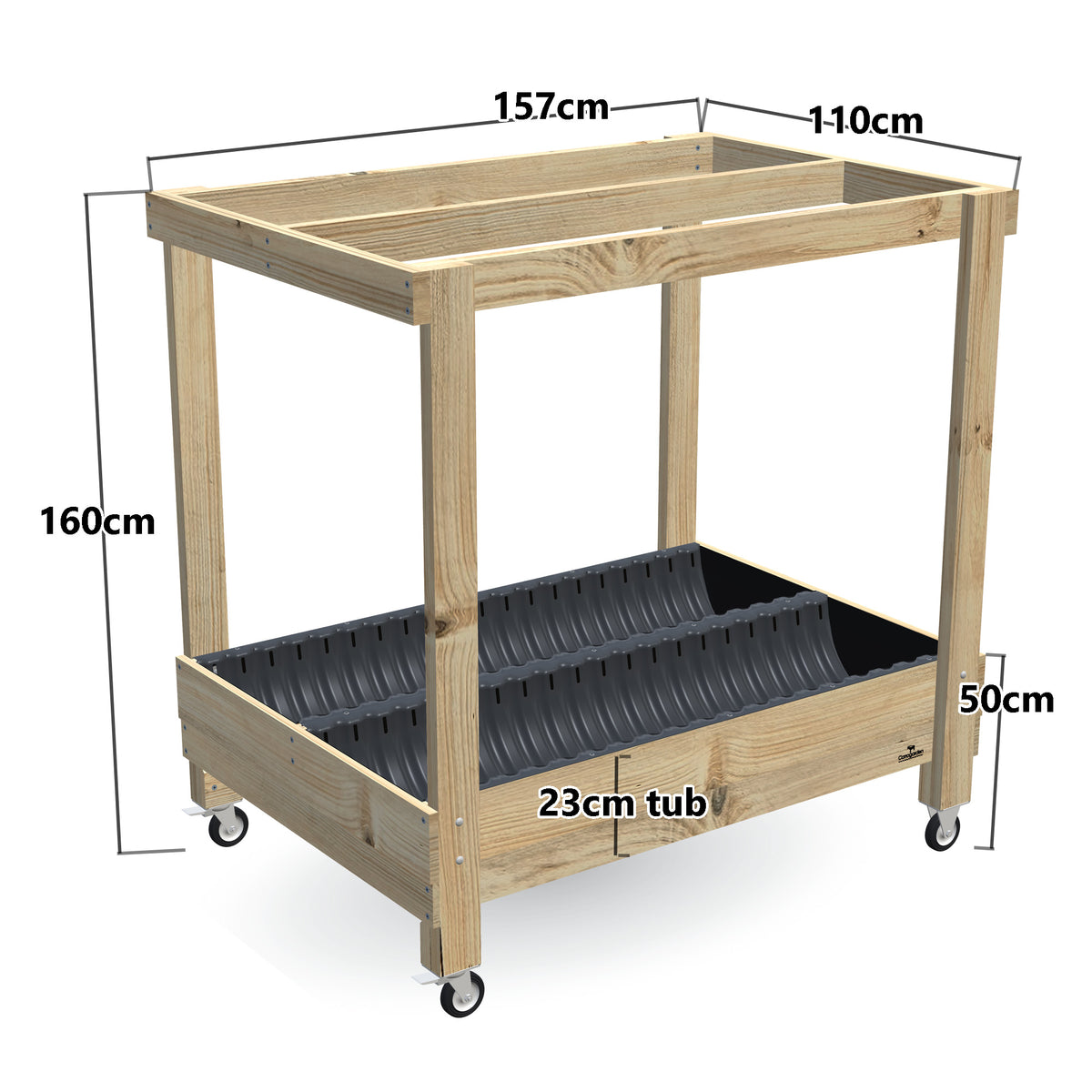 Wide Planter Box with Grow Frame on Wheels - 50cm high, 23cm tub - 157 x 110 x 160cm, dimensions labelled