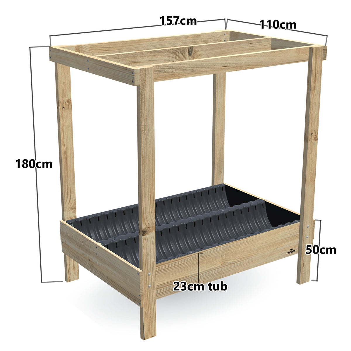 Wide Planter Box with Grow Frame - 50cm high, 23cm tub - 157 x 110 x 180cm, dimensions labelled