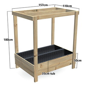 Wide Planter Box with Grow Frame - 50cm high, 35cm tub - 157 x 110 x 180cm, dimensions labelled