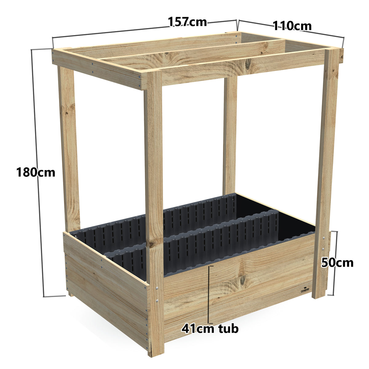 Wide Planter Box with Grow Frame - 50cm high, 41cm tub - 157 x 110 x 180cm, dimensions labelled