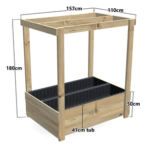 Wide Planter Box with Grow Frame - 50cm high, 41cm tub - 157 x 110 x 180cm, dimensions labelled