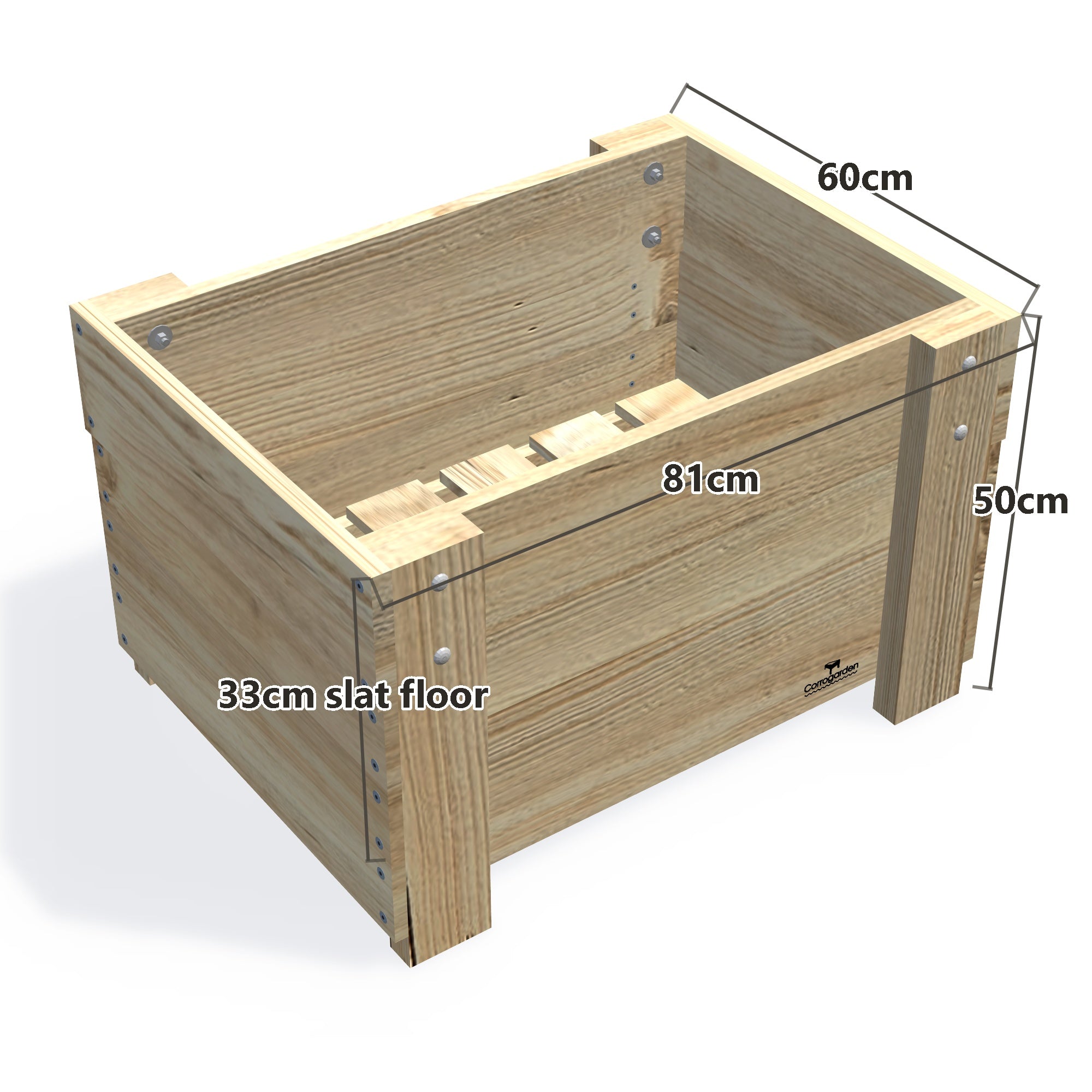 COMPACT Planter Box, 33cm (Slatted Base) — timber garden bed, dimensions labelled