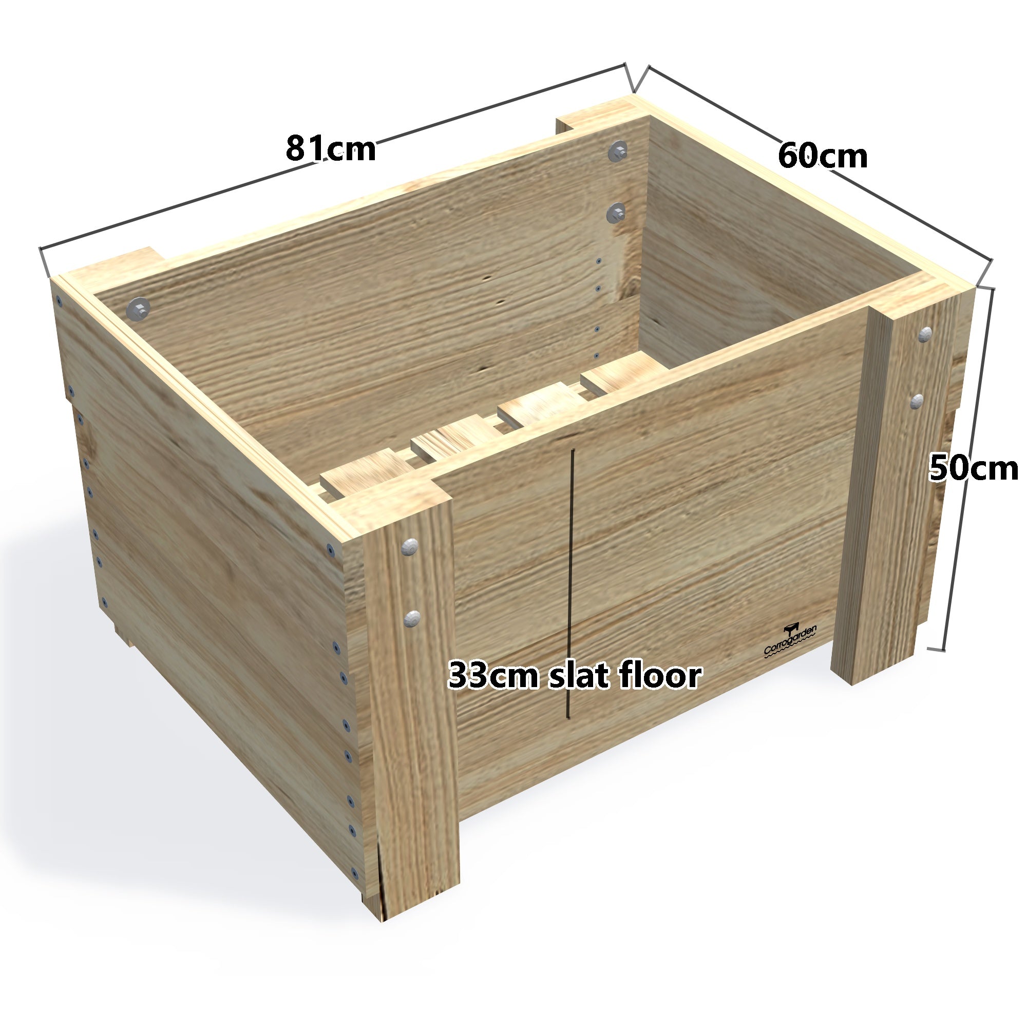 COMPACT Planter Box, 33cm (Slatted Base) — timber garden bed, dimensions labelled