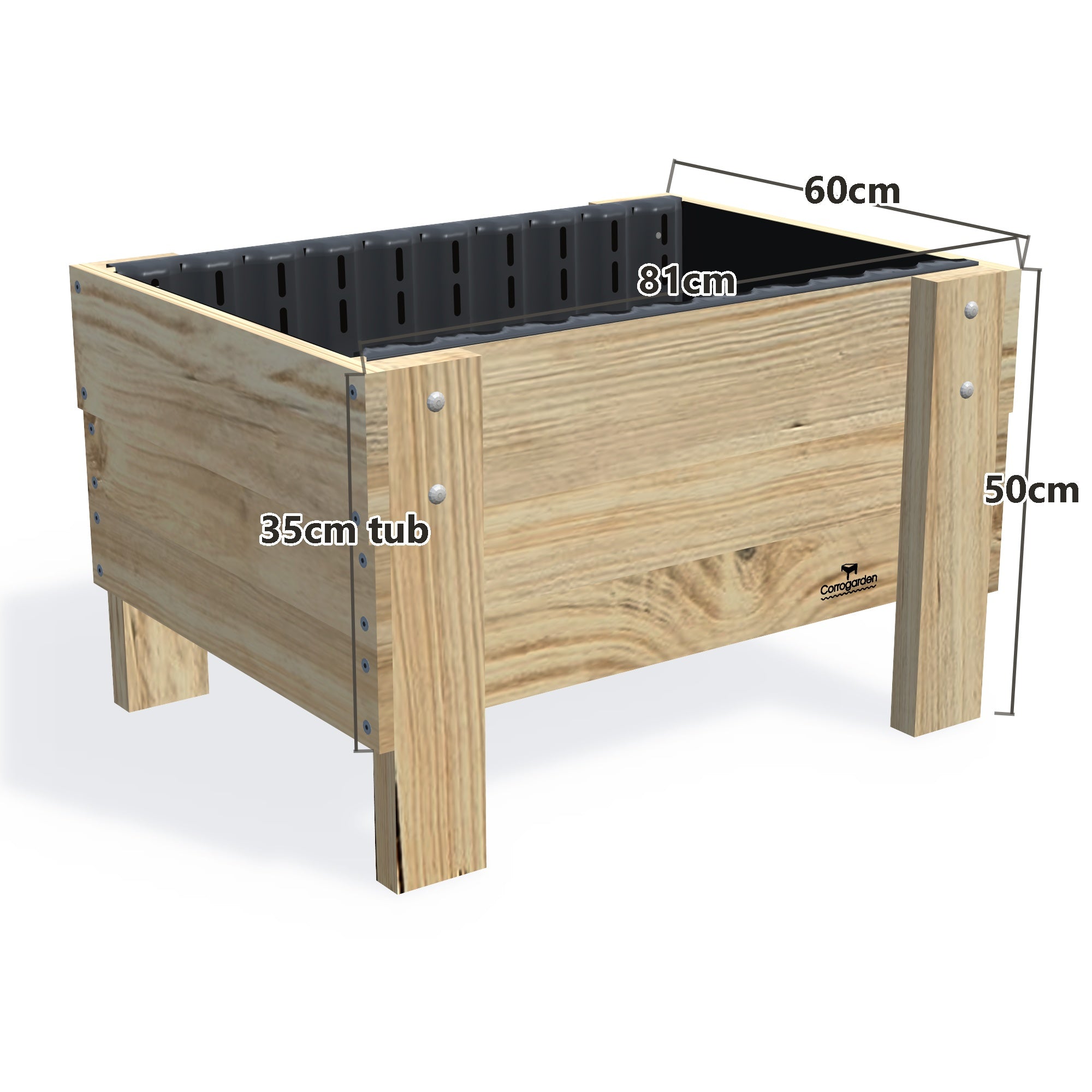 COMPACT Planter Box, 35cm — timber garden bed, dimensions labelled