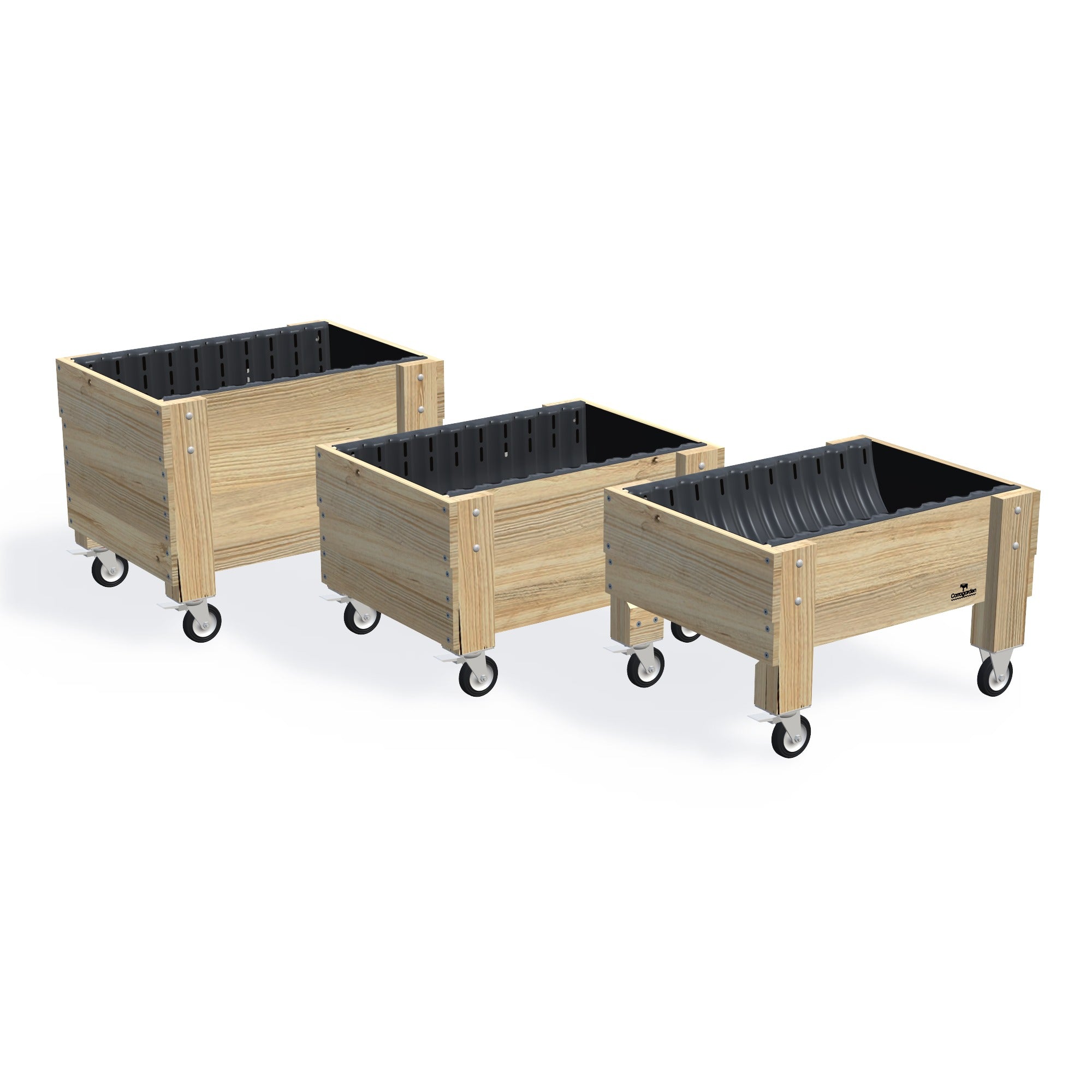 COMPACT Planter Box on Wheels/Castors Kit - 81x60x50cm(h) β the full range of timber garden beds, shown together