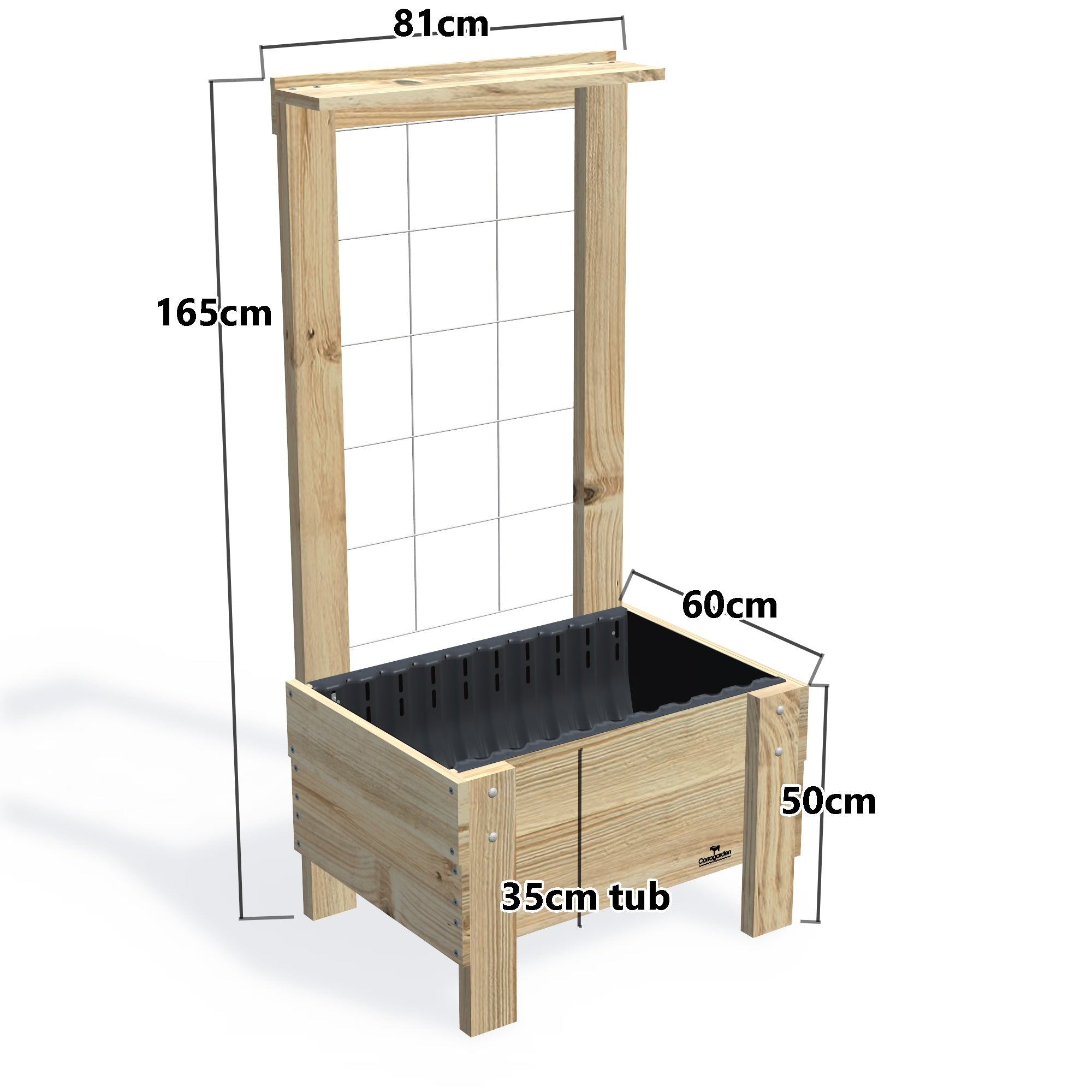 COMPACT Planter Box with Trellis & Pot Shelf, 35cm — timber garden bed, dimensions labelled