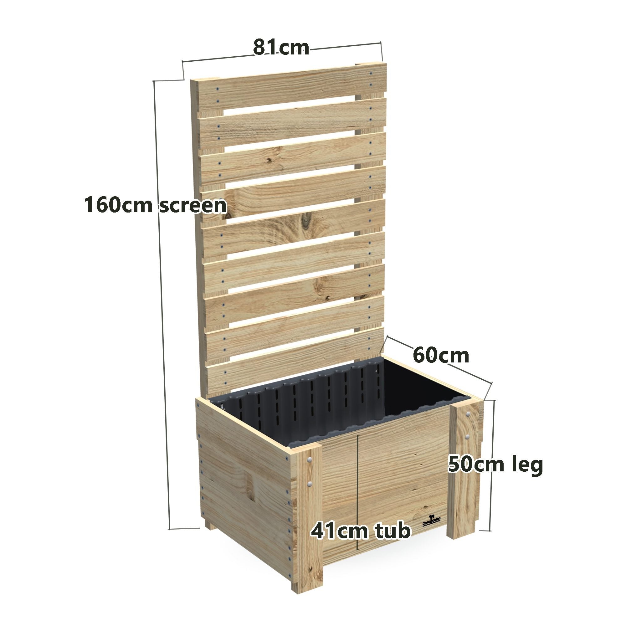 COMPACT Planter Box with Trellis & Pot Shelf, Privacy Screen 1.6m / 41cm — timber garden bed, dimensions labelled