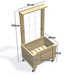 COMPACT Planter Box with Trellis, Pot Shelf & Wheels, 33cm (Slatted Base) — timber garden bed, dimensions labelled