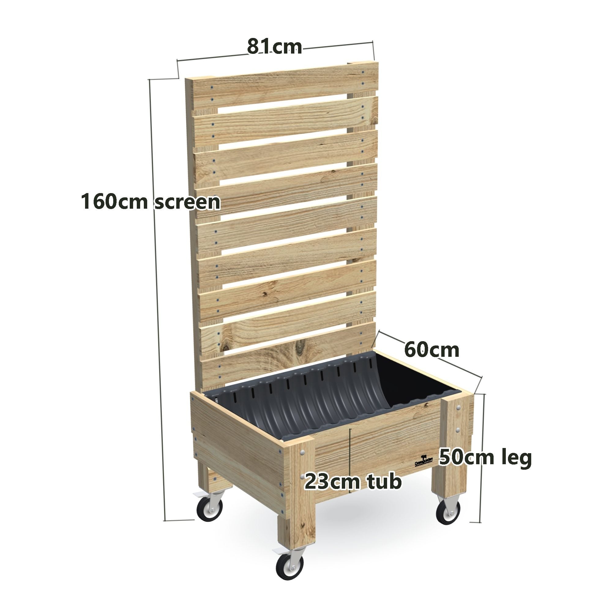 COMPACT Planter Box with Trellis, Pot Shelf & Wheels, Privacy Screen 1.6m / 23cm — timber garden bed, dimensions labelled