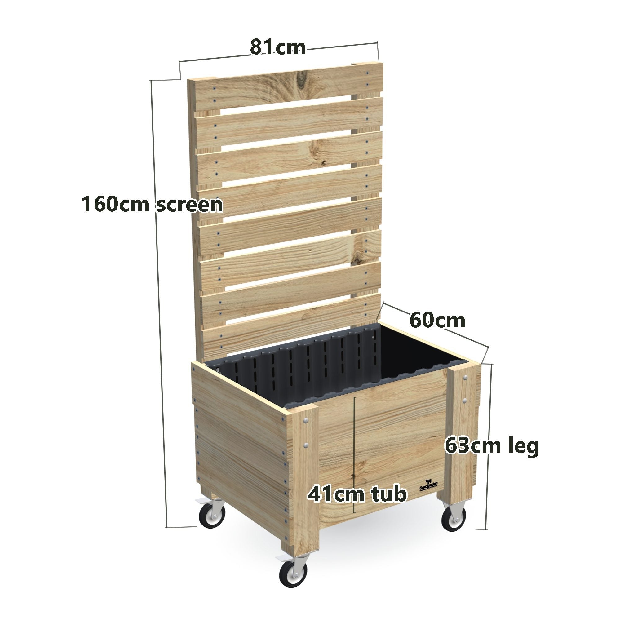 COMPACT Planter Box with Trellis, Pot Shelf & Wheels, Privacy Screen 1.6m / 41cm — timber garden bed, dimensions labelled