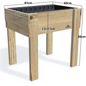 COMPACT Raised Garden Bed on Legs Kit - 81x60x80cm(h), 23cm — timber garden bed, dimensions labelled