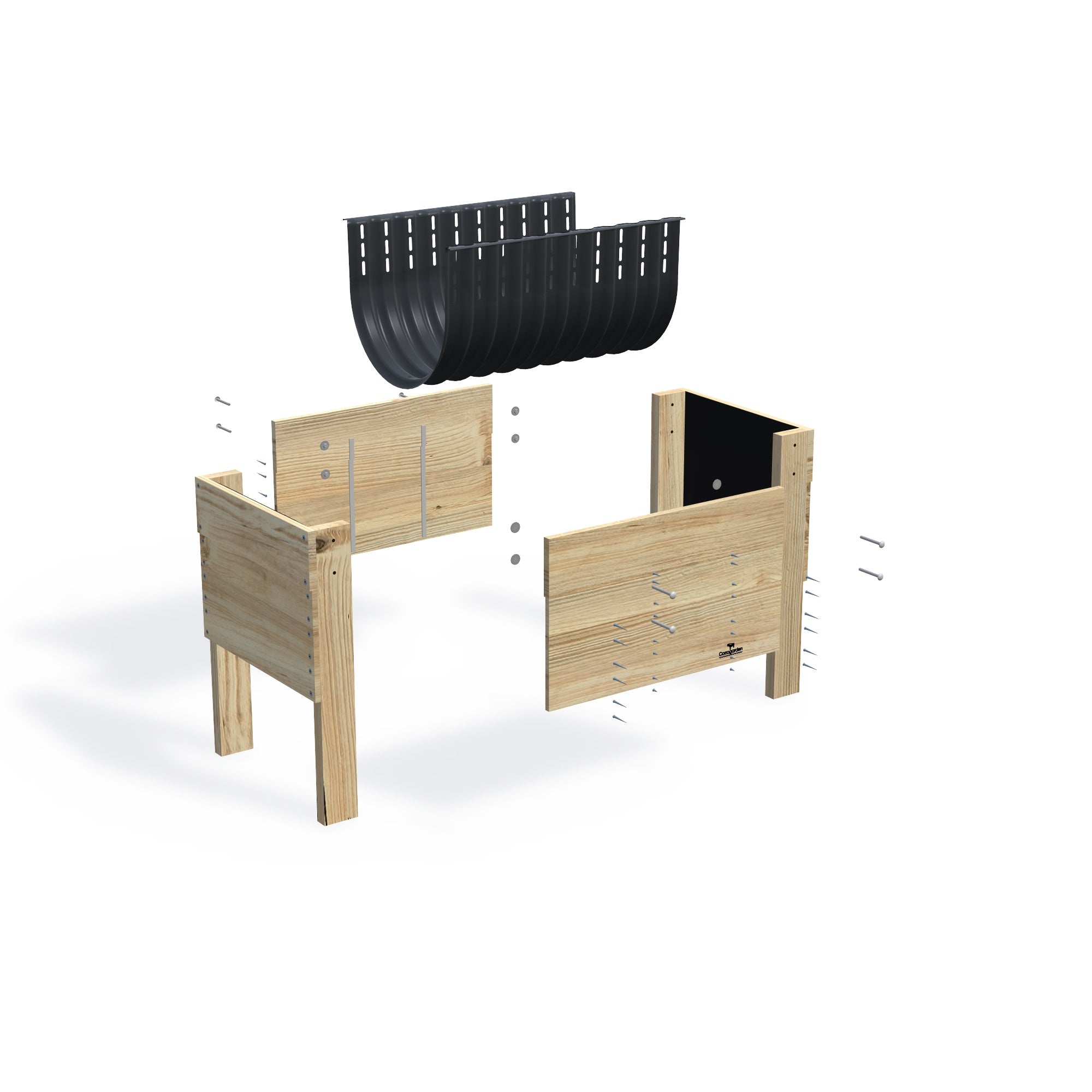COMPACT Raised Garden Bed on Legs Kit - 81x60x80cm(h), 41cm — exploded view of the flat-pack timber raised garden bed kit, showing the parts supplied