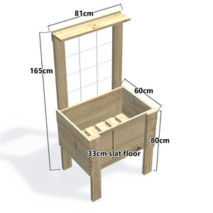 COMPACT Raised Garden Bed with Trellis & Pot Shelf, 33cm (Slatted Base) — timber garden bed, dimensions labelled