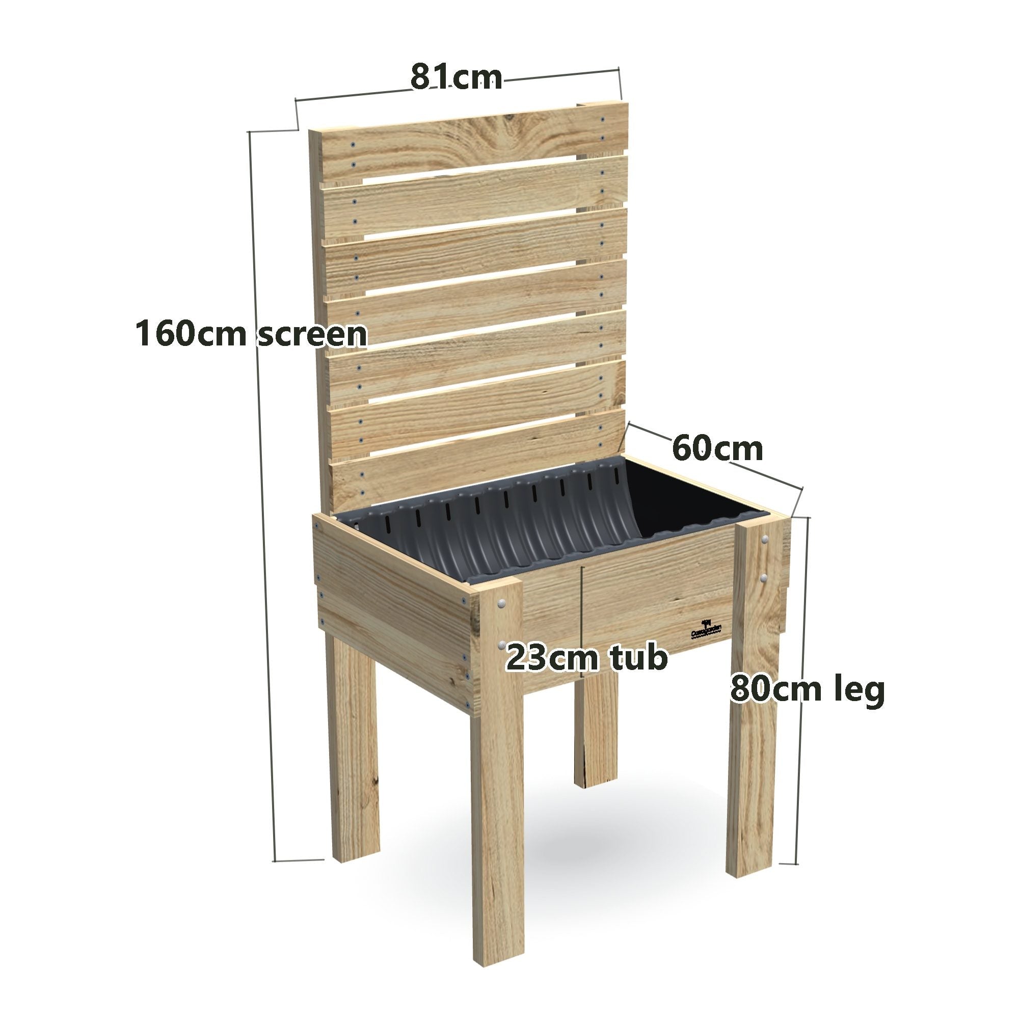 COMPACT Raised Garden Bed with Trellis & Pot Shelf, Privacy Screen 1.6m / 23cm — timber garden bed, dimensions labelled