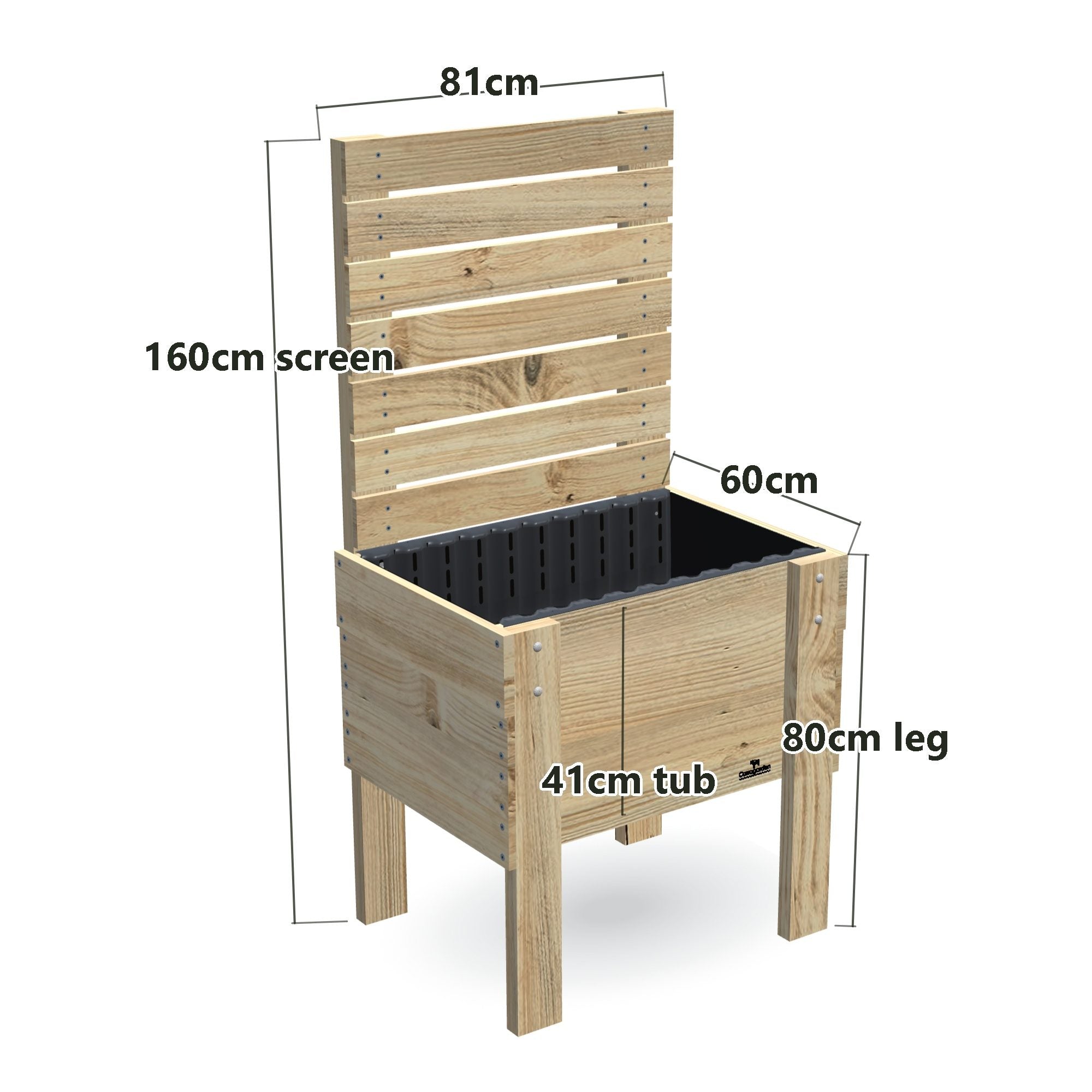 COMPACT Raised Garden Bed with Trellis & Pot Shelf, Privacy Screen 1.6m / 41cm — timber garden bed, dimensions labelled