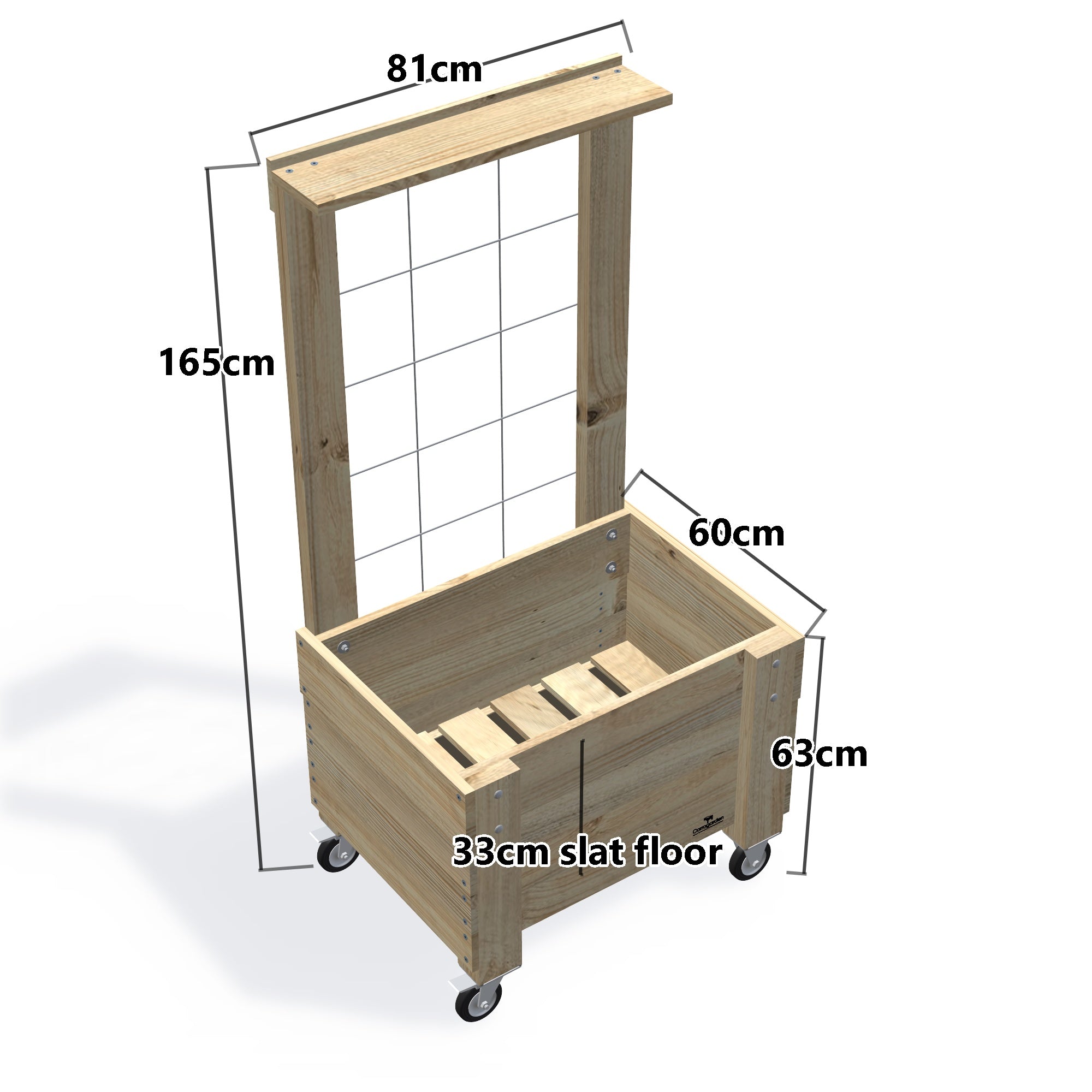 Compact Slatted Raised Planter Box with Trellis on Legs, 60cm high with wheels — timber planter boxe, dimensions labelled