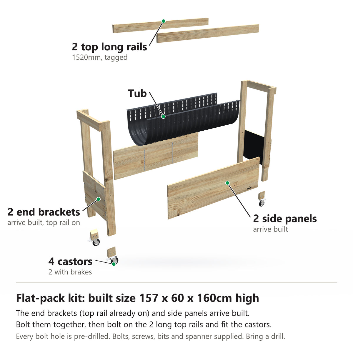 Grow Frame kit, Large 80cm raised garden bed, 41cm tub, on wheels, pulled apart: 2 built end brackets with their top rail on, 2 built side panels, the tub and the 2 top long rails and 4 castors. Built size 157 x 60 x 160cm high.