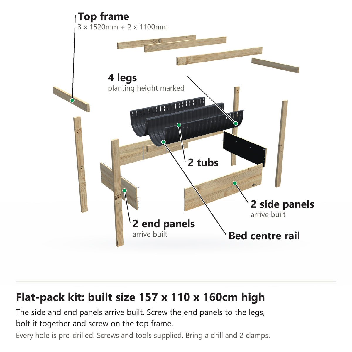 Grow Frame kit, Wide 80cm raised garden bed, 35cm tub, pulled apart: 4 legs, 2 built end panels, 2 built side panels, the bed centre rail, 2 tubs and the top frame rails. Built size 157 x 110 x 160cm high.
