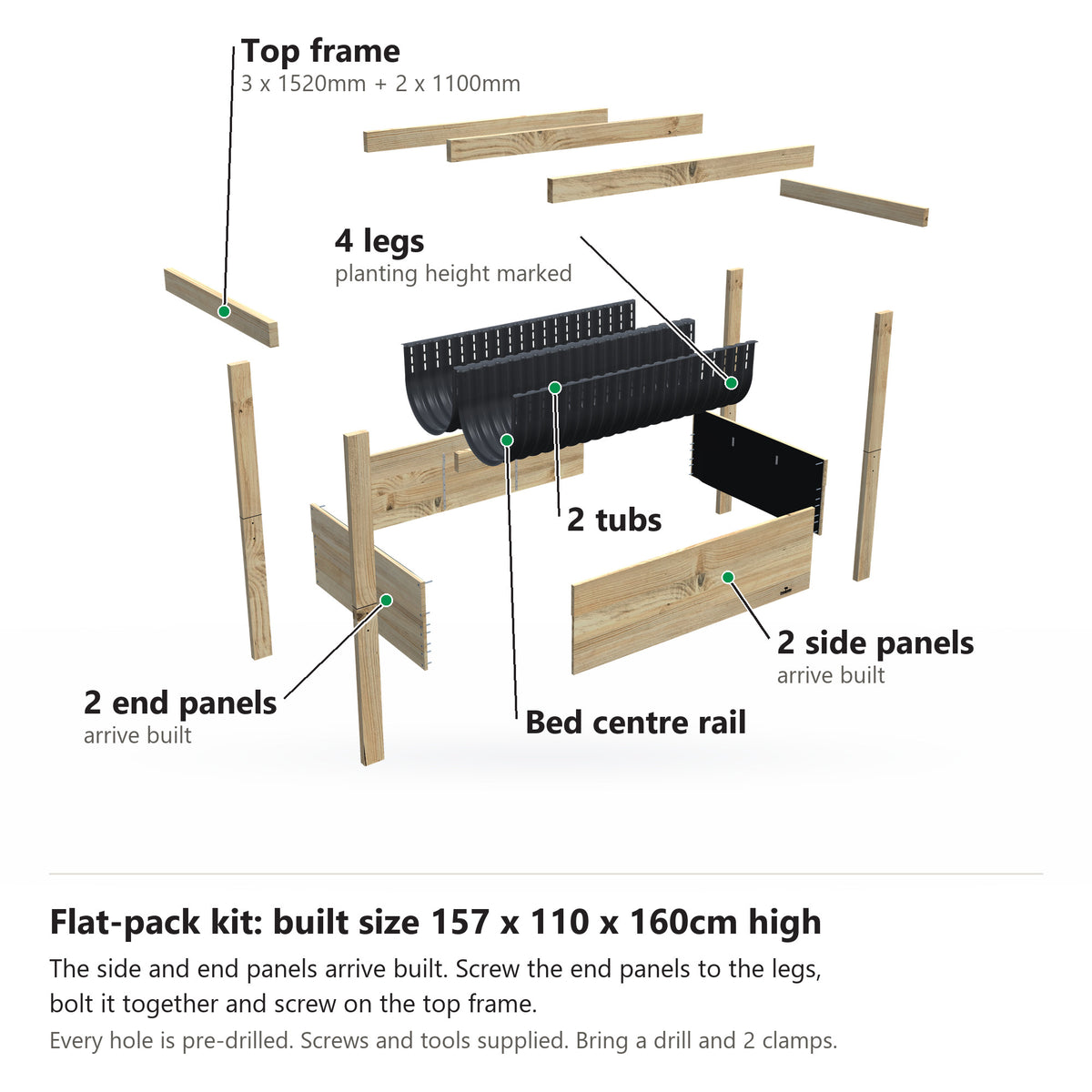 Grow Frame kit, Wide 80cm raised garden bed, 41cm tub, pulled apart: 4 legs, 2 built end panels, 2 built side panels, the bed centre rail, 2 tubs and the top frame rails. Built size 157 x 110 x 160cm high.