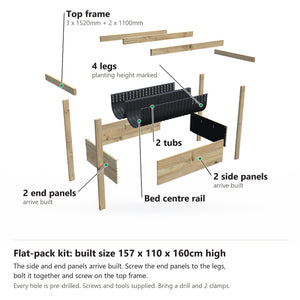 Grow Frame kit, Wide 80cm raised garden bed, 41cm tub, pulled apart: 4 legs, 2 built end panels, 2 built side panels, the bed centre rail, 2 tubs and the top frame rails. Built size 157 x 110 x 160cm high.