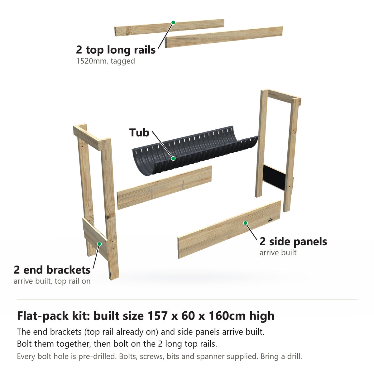 Grow Frame kit, Large 50cm planter box, 23cm tub, pulled apart: 2 built end brackets with their top rail on, 2 built side panels, the tub and the 2 top long rails. Built size 157 x 60 x 160cm high.