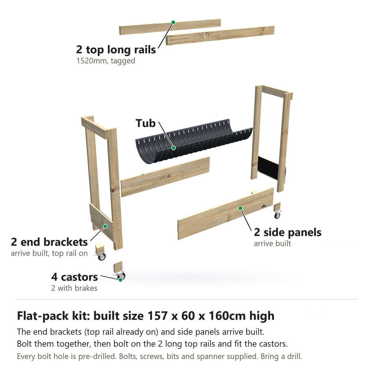 Grow Frame kit, Large 50cm planter box, 23cm tub, on wheels, pulled apart: 2 built end brackets with their top rail on, 2 built side panels, the tub and the 2 top long rails and 4 castors. Built size 157 x 60 x 160cm high.