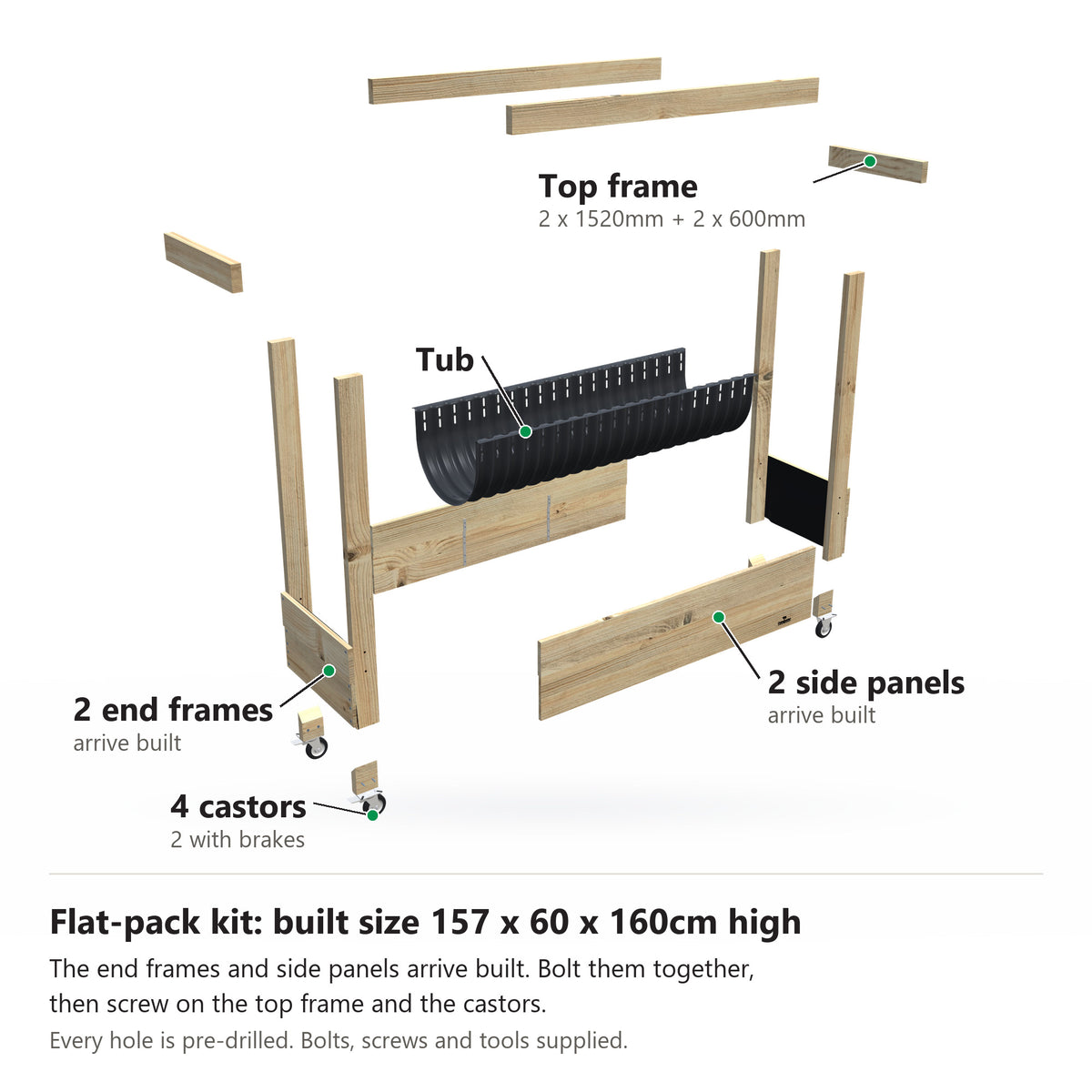 Grow Frame kit, Large 50cm planter box, 35cm tub, on wheels, pulled apart: 2 built end frames, 2 built side panels, the tub and the top frame rails and 4 castors. Built size 157 x 60 x 160cm high.