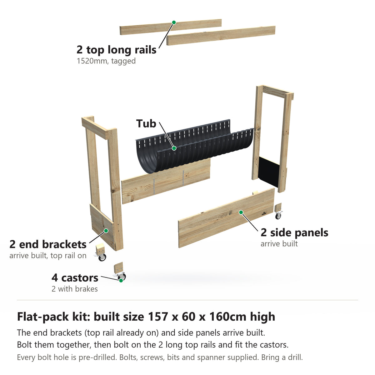 Grow Frame kit, Large 50cm planter box, 35cm tub, on wheels, pulled apart: 2 built end brackets with their top rail on, 2 built side panels, the tub and the 2 top long rails and 4 castors. Built size 157 x 60 x 160cm high.