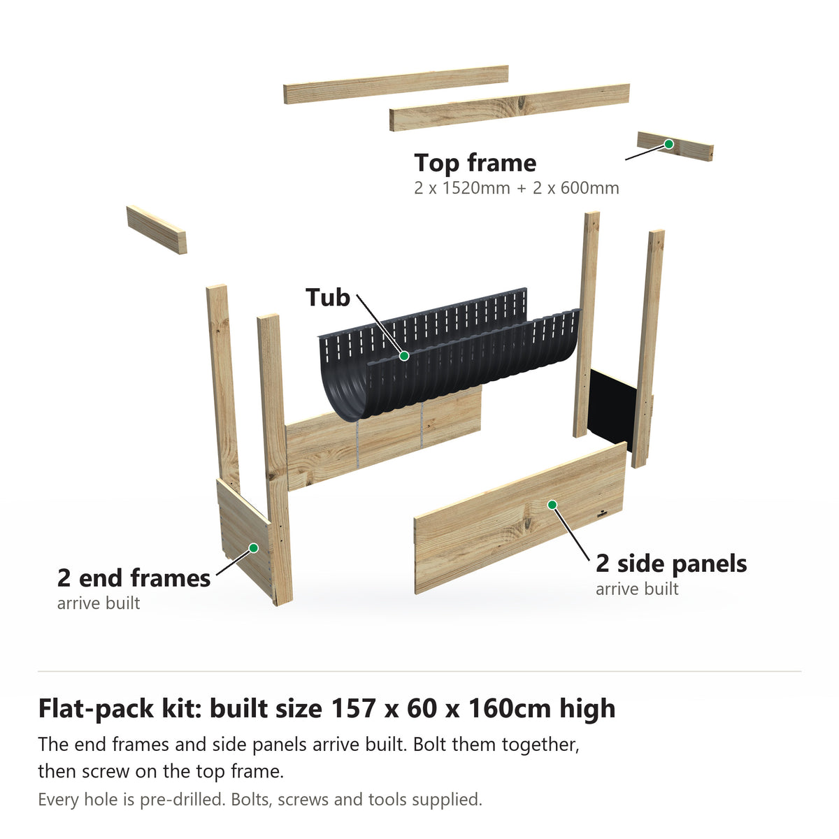 Grow Frame kit, Large 50cm planter box, 41cm tub, pulled apart: 2 built end frames, 2 built side panels, the tub and the top frame rails. Built size 157 x 60 x 160cm high.