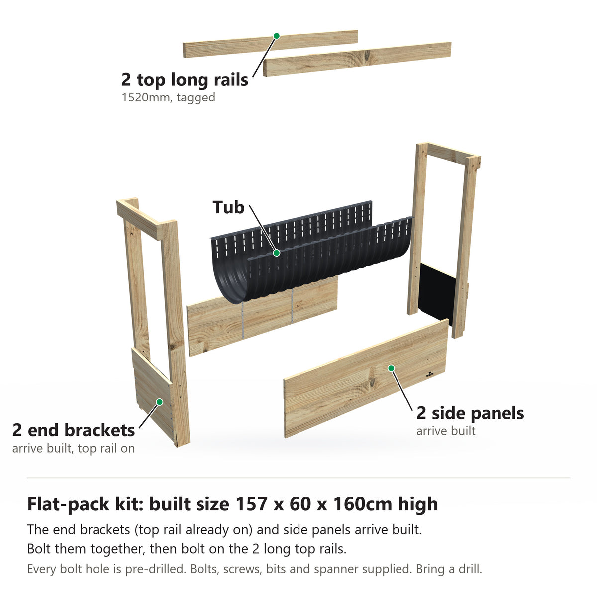 Grow Frame kit, Large 50cm planter box, 41cm tub, pulled apart: 2 built end brackets with their top rail on, 2 built side panels, the tub and the 2 top long rails. Built size 157 x 60 x 160cm high.