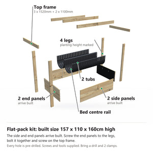 Grow Frame kit, Wide 50cm planter box, 41cm tub, pulled apart: 4 legs, 2 built end panels, 2 built side panels, the bed centre rail, 2 tubs and the top frame rails. Built size 157 x 110 x 160cm high.